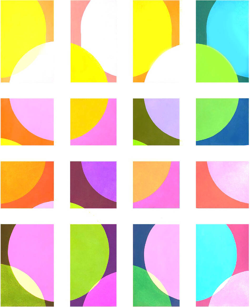 Brightly colors image split into a grid with circular "bubble" shapes in a variety of bright colors, split by the solid white lines of the grid.